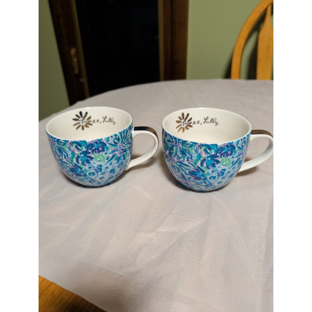 Lily Pulitzer Hidden Lion Floral Coffee Cups Mugs Set of Two Blue Green Purple